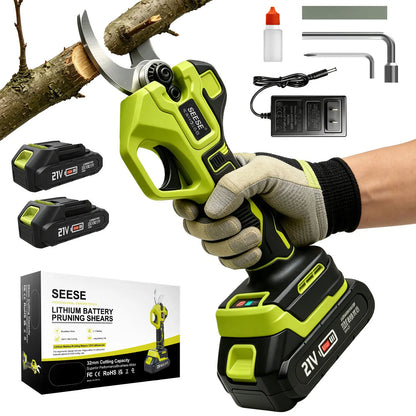 SEESE Cordless Electric Pruning Shears, 1.25‑Inch Cutting Diameter Brushless Power Pruner with Dual 21V Batteries for Tree & Flower Trimming