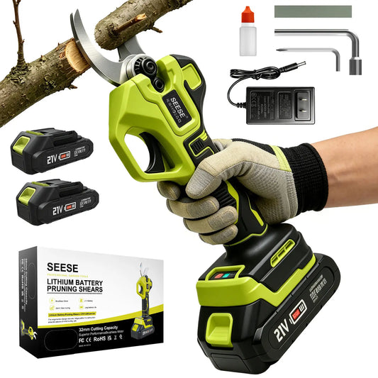 SEESE Cordless Electric Pruning Shears, 1.25‑Inch Cutting Diameter Brushless Power Pruner with Dual 21V Batteries for Tree & Flower Trimming