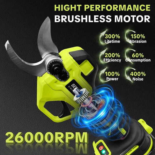 SEESE Cordless Electric Pruning Shears, 1.25‑Inch Cutting Diameter Brushless Power Pruner with Dual 21V Batteries for Tree & Flower Trimming