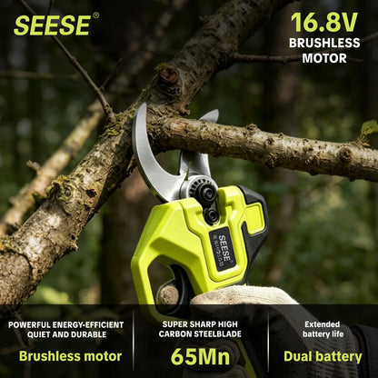 SEESE Cordless Electric Pruning Shears, 1.25‑Inch Cutting Diameter Brushless Power Pruner with Dual 21V Batteries for Tree & Flower Trimming