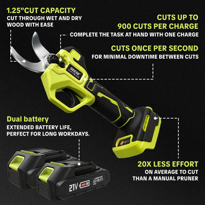 SEESE Cordless Electric Pruning Shears, 1.25‑Inch Cutting Diameter Brushless Power Pruner with Dual 21V Batteries for Tree & Flower Trimming