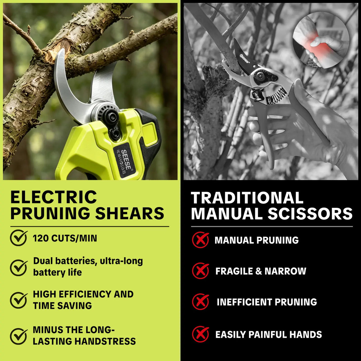 SEESE Cordless Electric Pruning Shears, 1.25‑Inch Cutting Diameter Brushless Power Pruner with Dual 21V Batteries for Tree & Flower Trimming