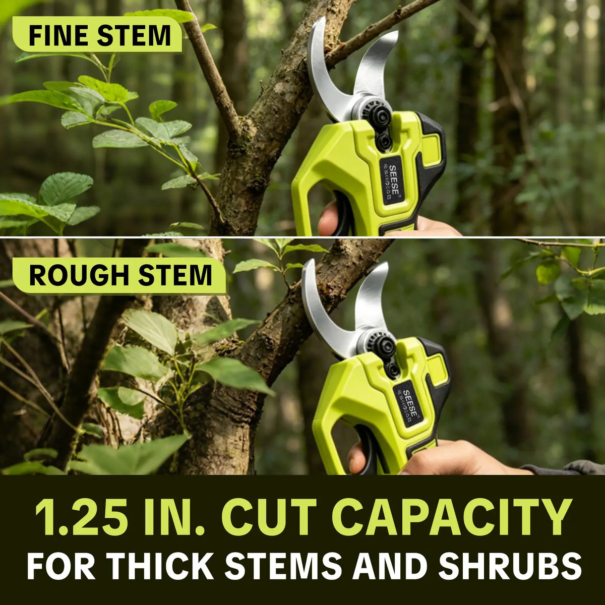 SEESE Cordless Electric Pruning Shears, 1.25‑Inch Cutting Diameter Brushless Power Pruner with Dual 21V Batteries for Tree & Flower Trimming