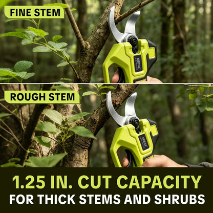 SEESE Cordless Electric Pruning Shears, 1.25‑Inch Cutting Diameter Brushless Power Pruner with Dual 21V Batteries for Tree & Flower Trimming