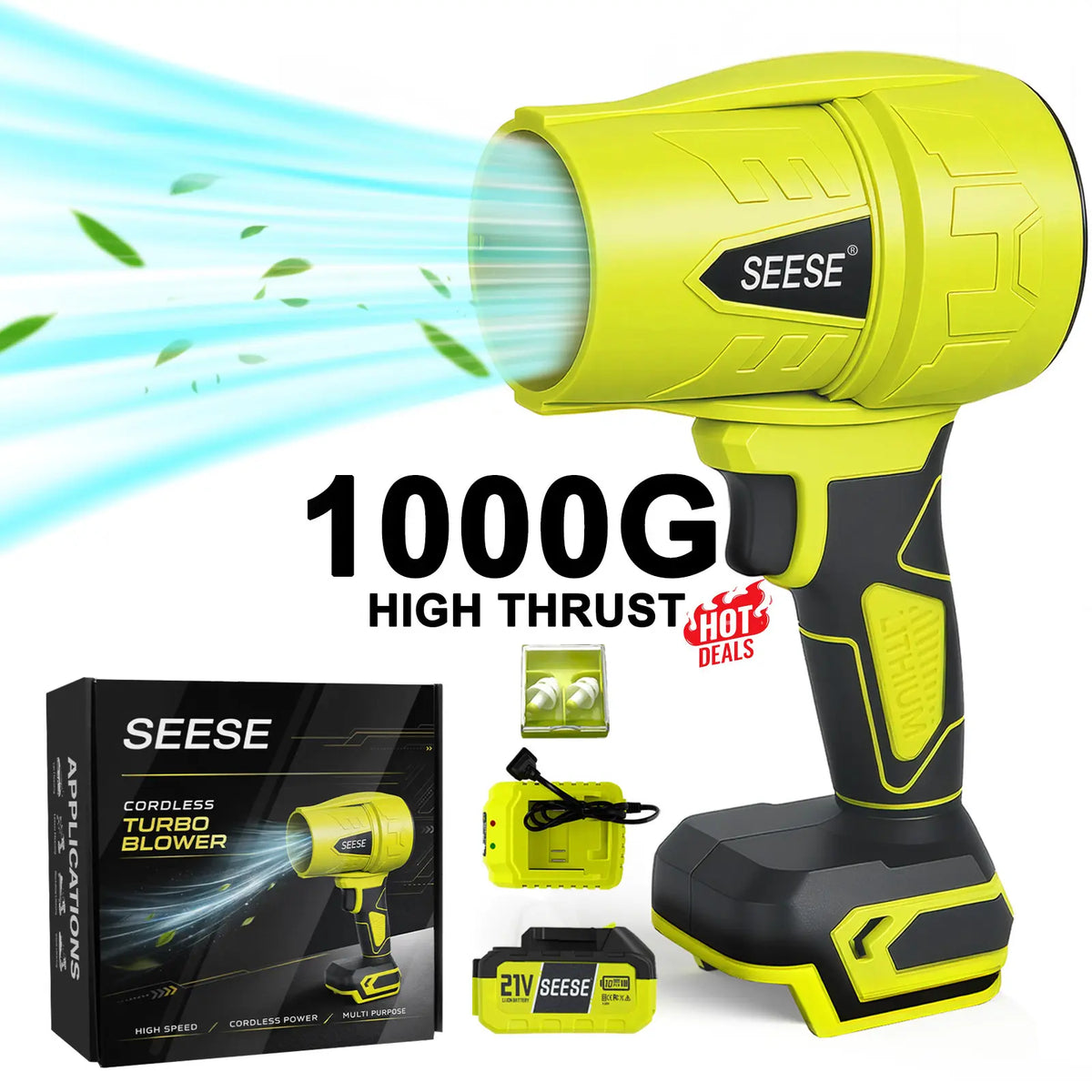 SEESE 1000G High‑Thrust Cordless Turbo Jet Blower, Pure Copper Motor, Multi‑Use for Car Drying, Leaf & Snow Removal, Home & Garden