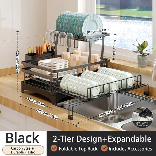 Expandable Over‑Sink Dish Drying Rack, 2‑Tier Pull‑Out Dish Drainer with Utensil Holder, Space‑Saving Kitchen Storage for Small Kitchens & Dorms