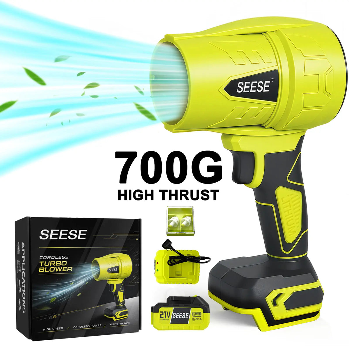 SEESE 1000G High‑Thrust Cordless Turbo Jet Blower, Pure Copper Motor, Multi‑Use for Car Drying, Leaf & Snow Removal, Home & Garden